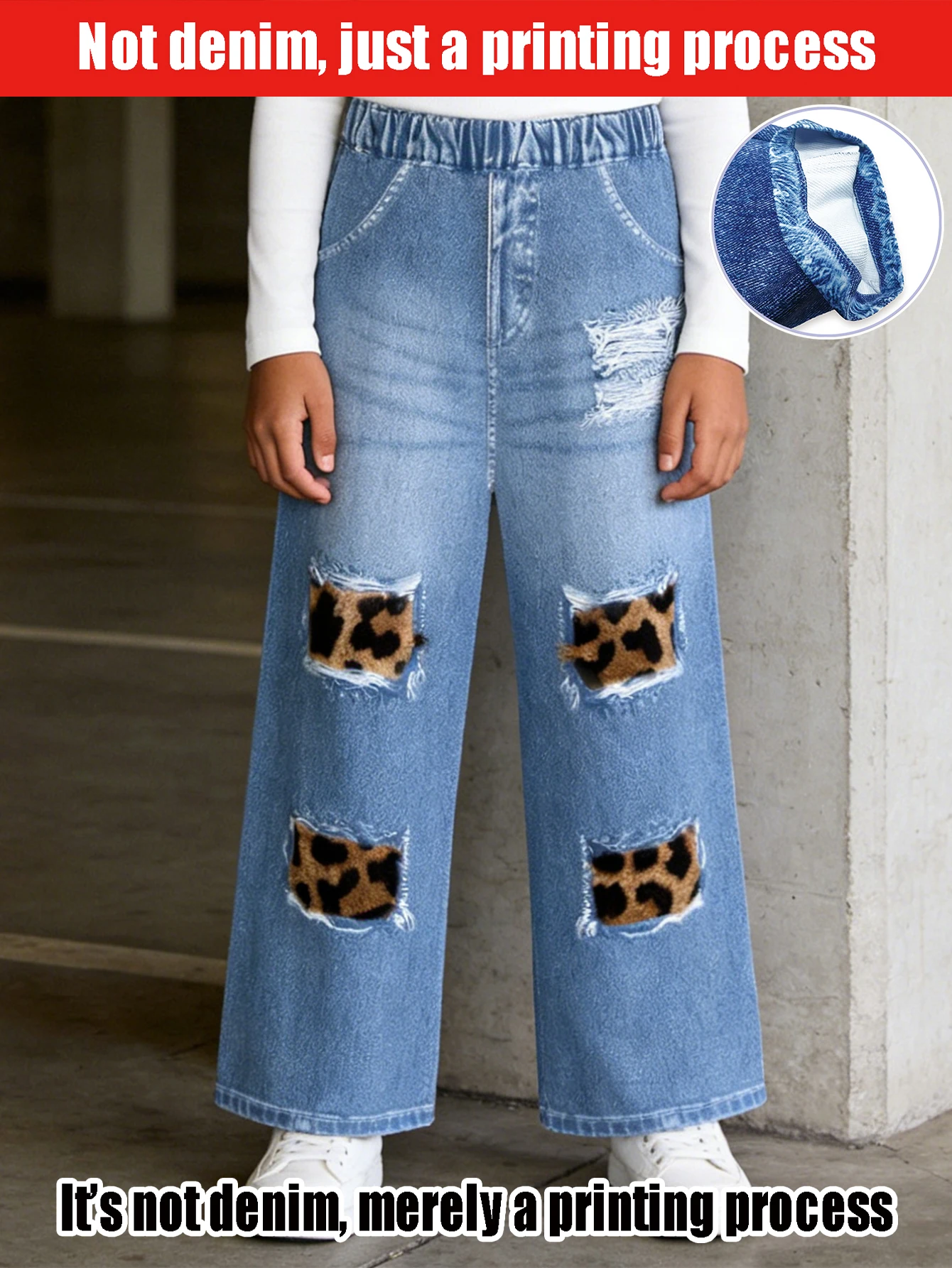 

2026 children's leopard print simulation jeans children's casual fashion trend wide-leg pants