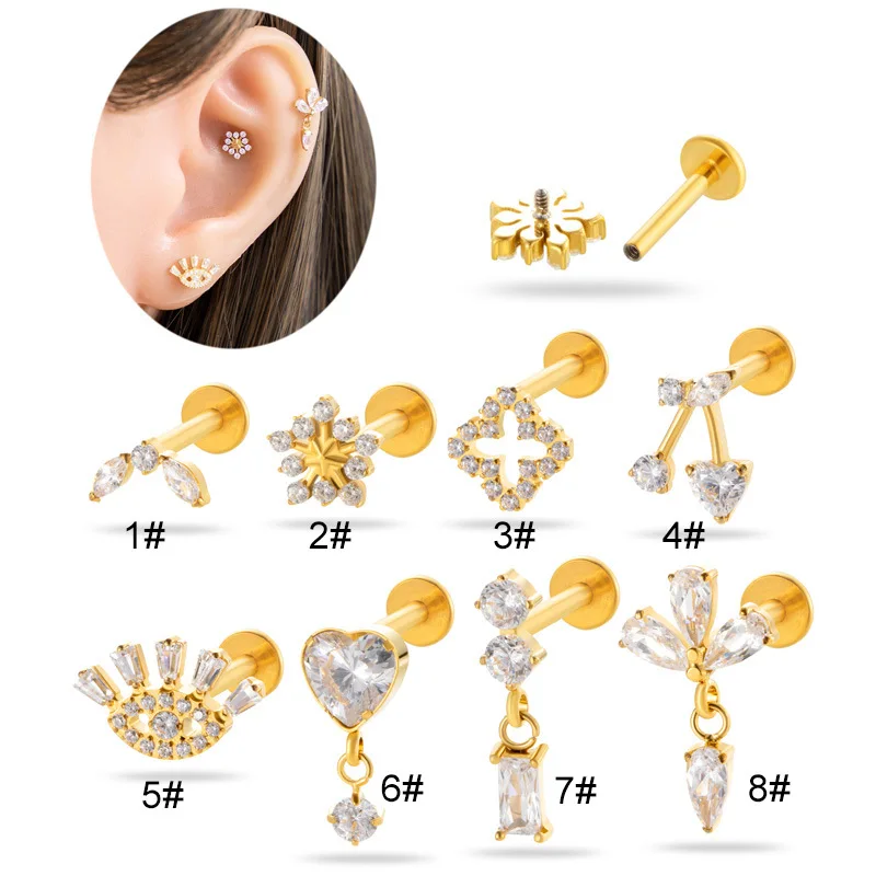 1 Piece Advanced G23 Titanium 16G Flat Back Forward Helix Tragus Conch Lobe Labret Lip Piercing Jewelry Cartilage Studs Ear