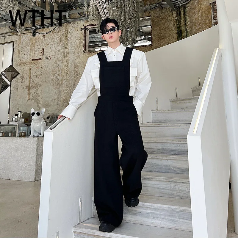 

WTHT Fashion Men's Solid Collor Casual Loose Jumpsuits Trendy Korean Style Straight Wide Leg Rompers Male 2025 Summer 2A0580