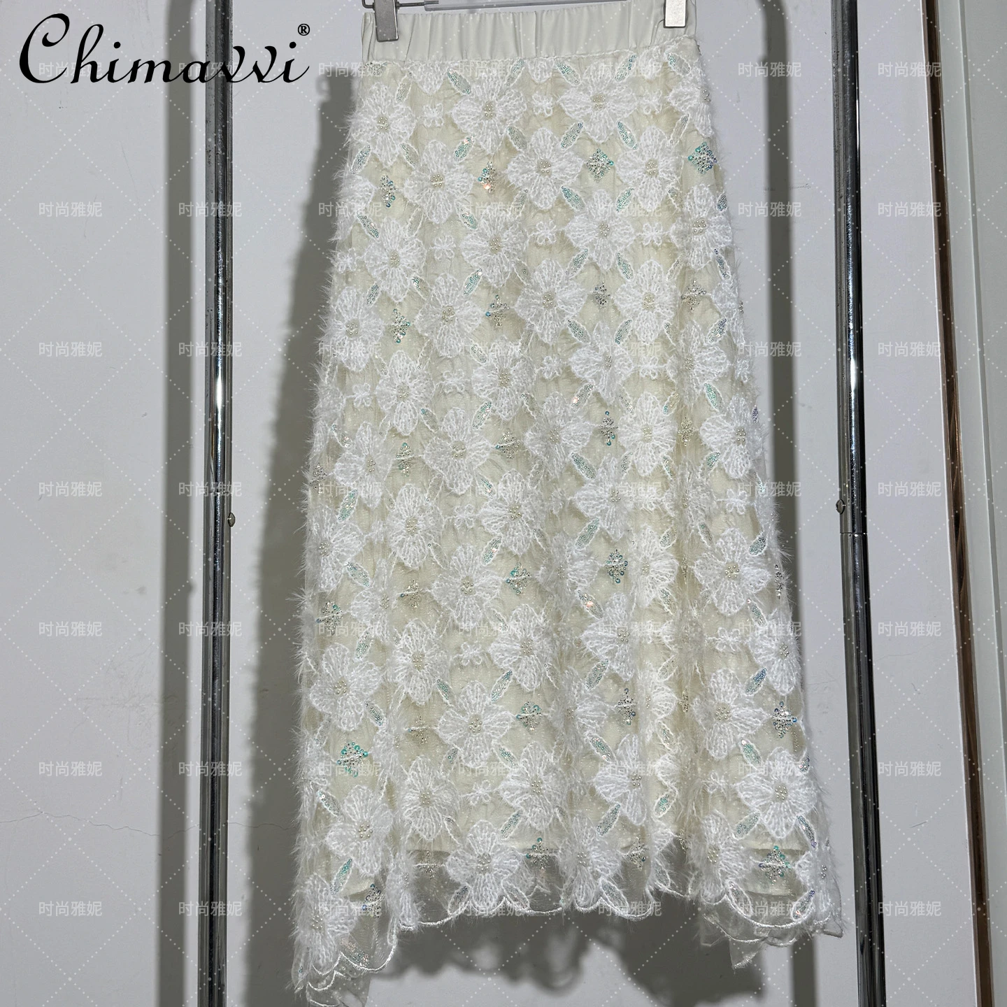 Moda nova manga longa topo floral pesado bordado palco lantejoulas pérola miçangas saia de comprimento médio feminino festa de outono 2 peças conjunto