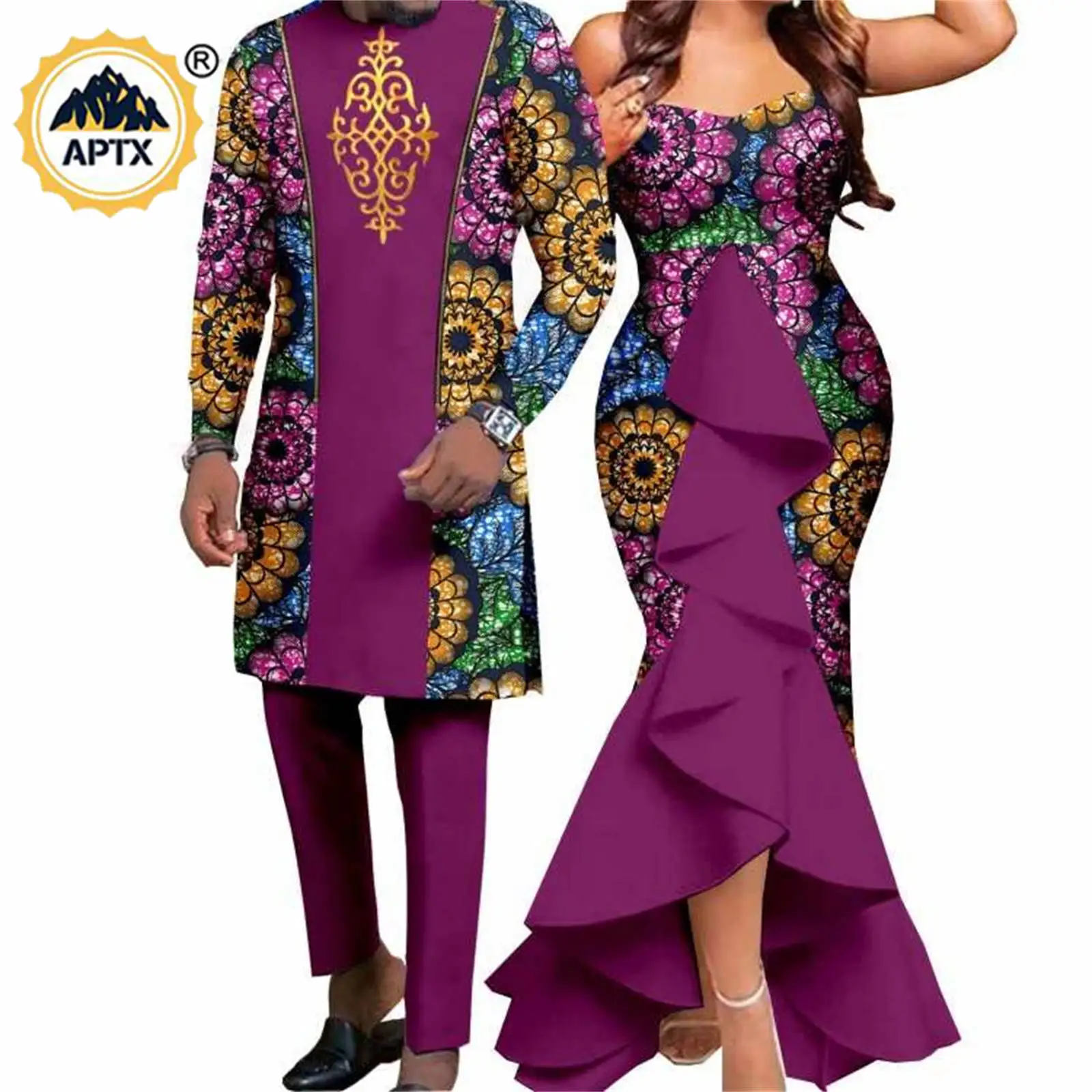 Dashiki African Women Mermaid Dresses Matching Men Outfits Pant Sets Bazin Riche African Couple Clothes for Wedding Y22C080