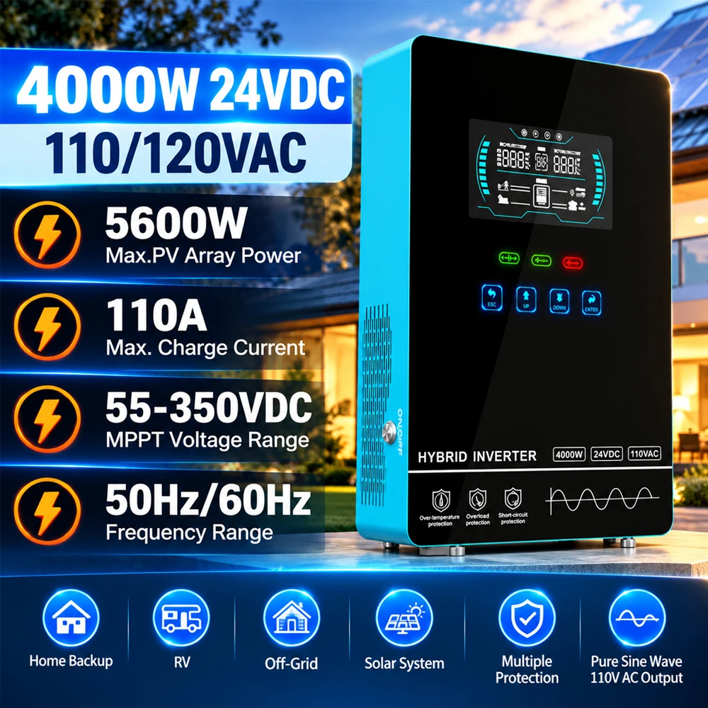 4000W Hybrid Solar Inverter Built-in 140A MPPT Controller 24V DC to 110V/120V AC 4KW Off-Grid Pure Sine Wave Inverter, for Home Backup RV Cabin Farm, Supports Gel/Flooded/Lithium Battery
