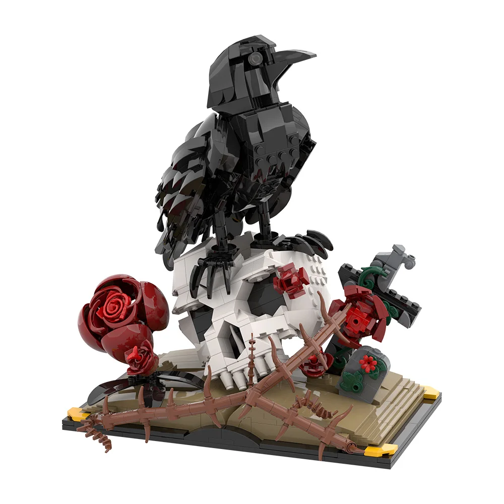 مكعبات بناء زهرة جمجمة الغراب من MOC جمجمة مرعبة مع وردة شوكة وعروس لعبة الكبار هدية الهالوين