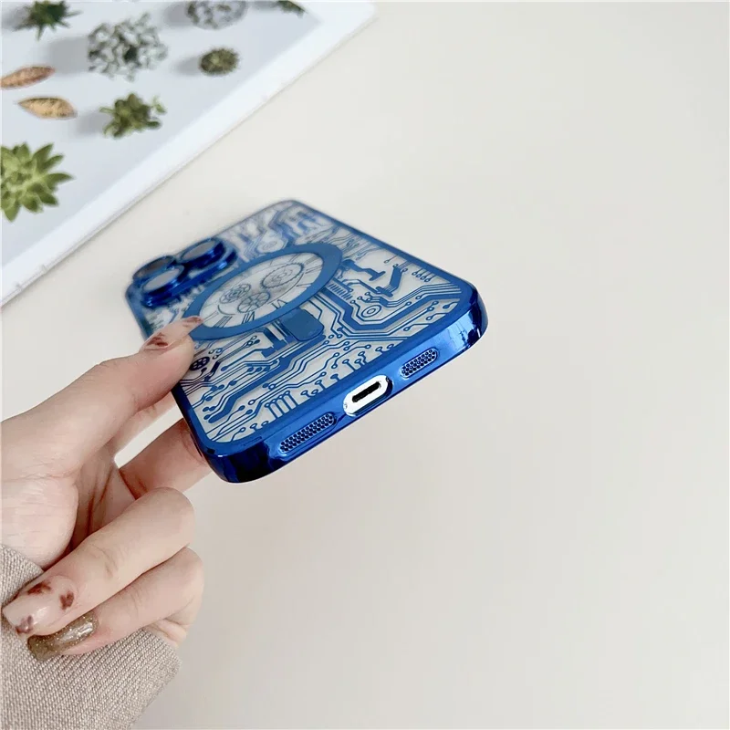 Luxury Plating Transparent Magsafe Phone Case For iPhone 16 15 14 13 12 11 Pro Max Plus Mechanical Magnetic Charge Soft Cover