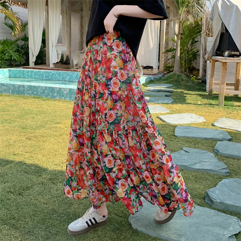Chiffon Skirt Women Long A Line French Autumn Retro Wave Printed Beach Vacation Versatile Sweet Simia Half Length Skirt