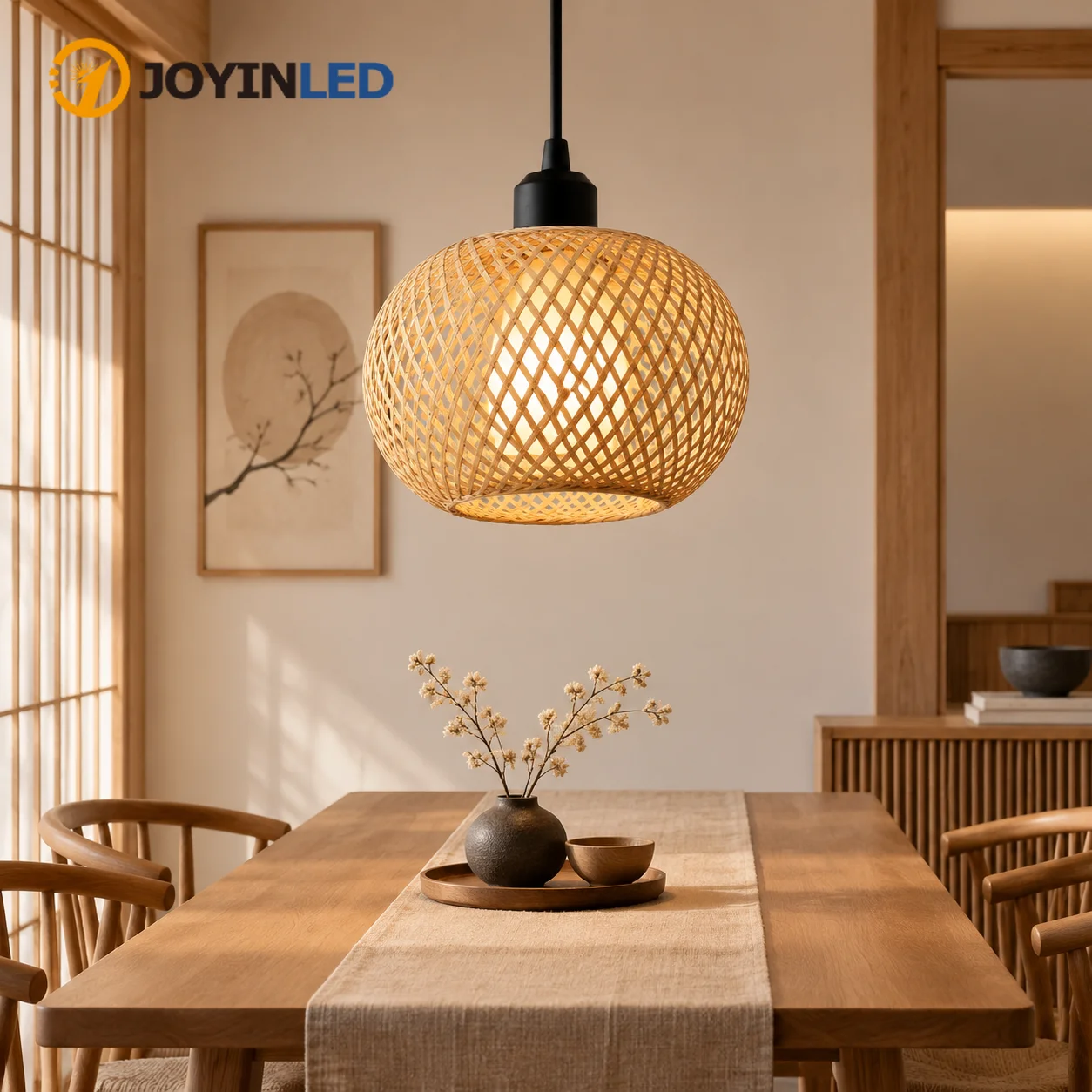 JOYINLED Woven Pendant Light Japanese Style Chandelier Bamboo Hanging Lamp Kitchen Island Farmhouse Boho Hand Woven Wicker Shade