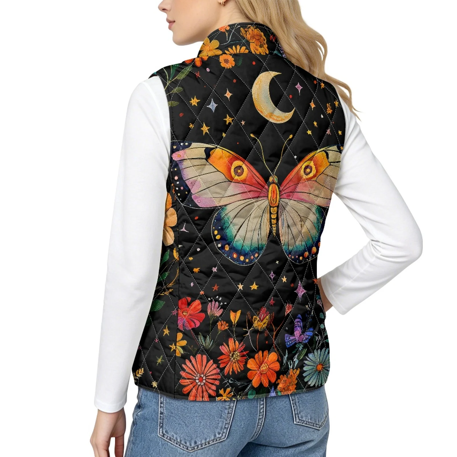 PENSTROLL Butterfly Moon Outerwear Zip up Quilted Jacket Vest for Women Outdoor Activity Vest Women for Spring Daily Wear