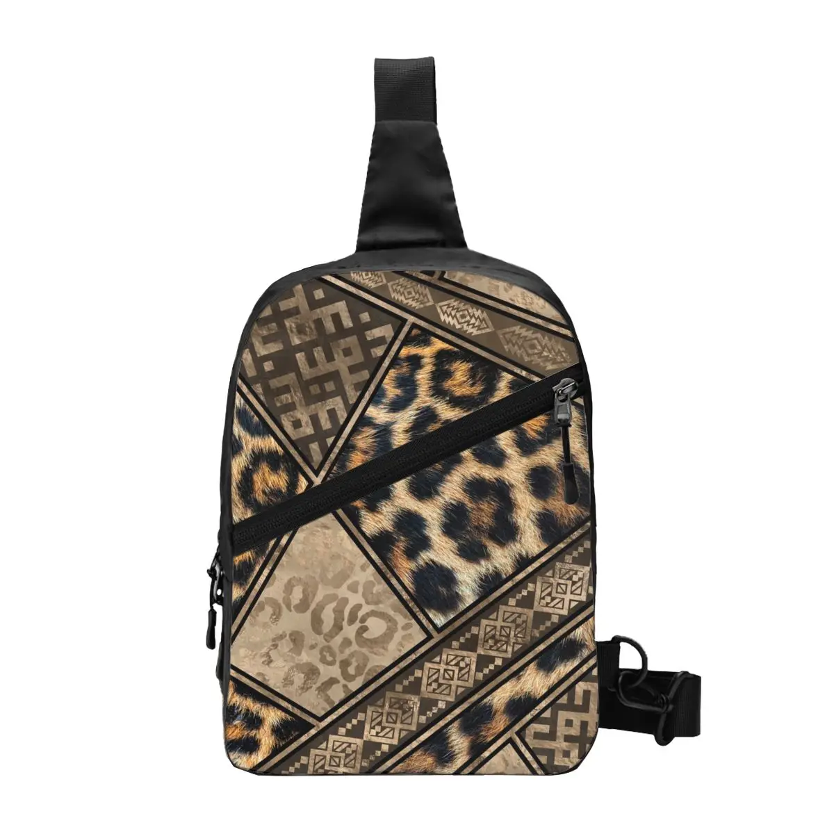 

Casual Leopard Fur Ethnic Tribal Ornaments Sling Crossbody Backpack Animal Leather Texture Shoulder Chest Bag for Travel Cycling
