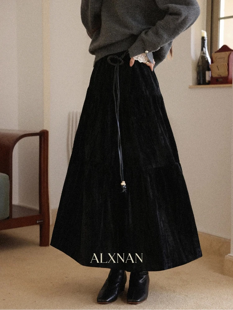 

ALXNAN Black Skirts 2025 Autumn New High-waisted Sashes A-Line Long Skirts Elegance Official Versatile Woman's Clothing L58037