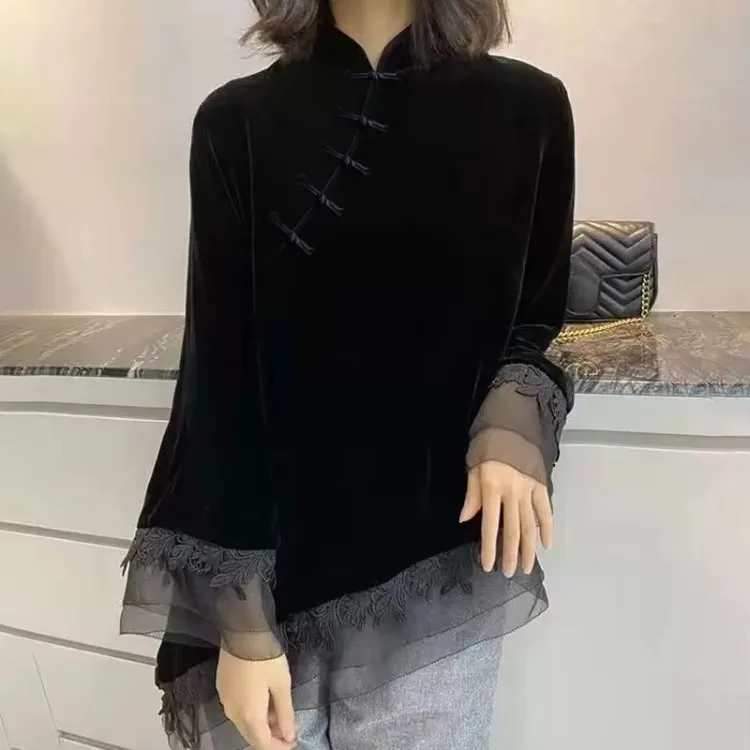 

New Chinese Style Vintage Black Velvet Tops 2025 Autumn Winter Bottoming Blusas Mujer Y2k Long Sleeve Mesh Shirts Women