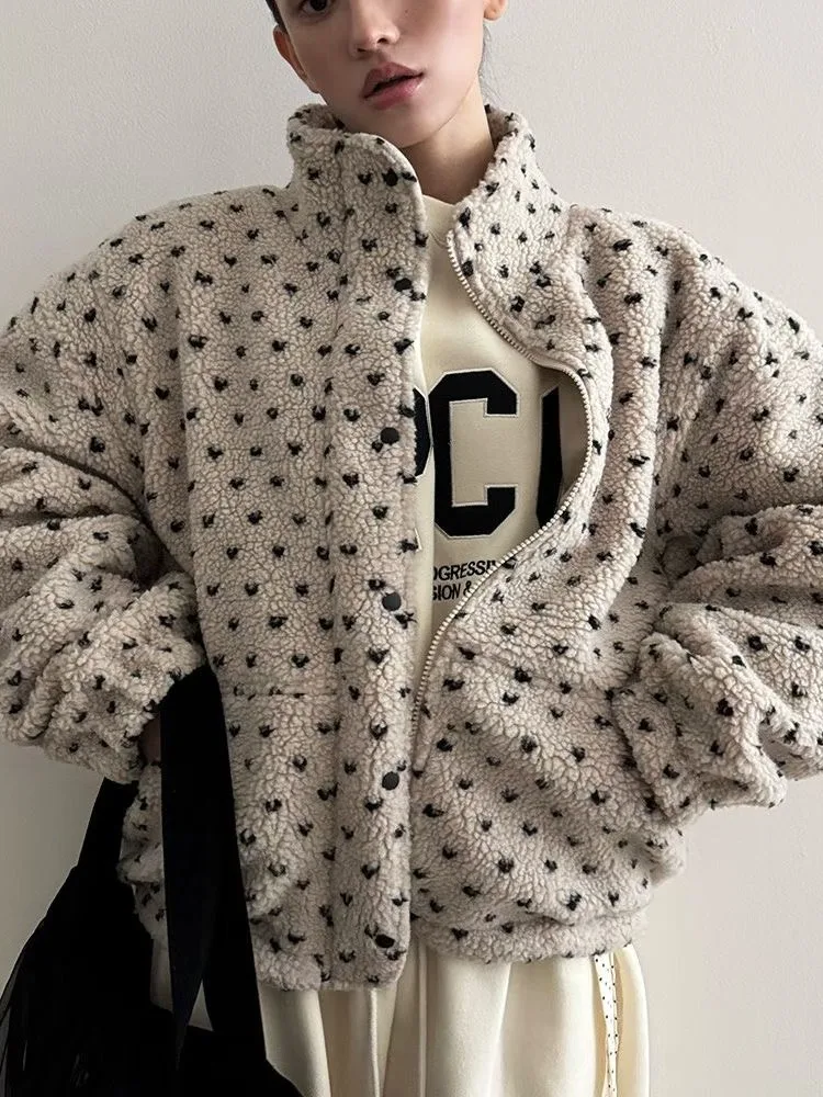 Fashionable Chic Women's Lamb Fur Jacket Heart Dot Design Warm Cotton Coat Stylish Trendy Winter Outerwear