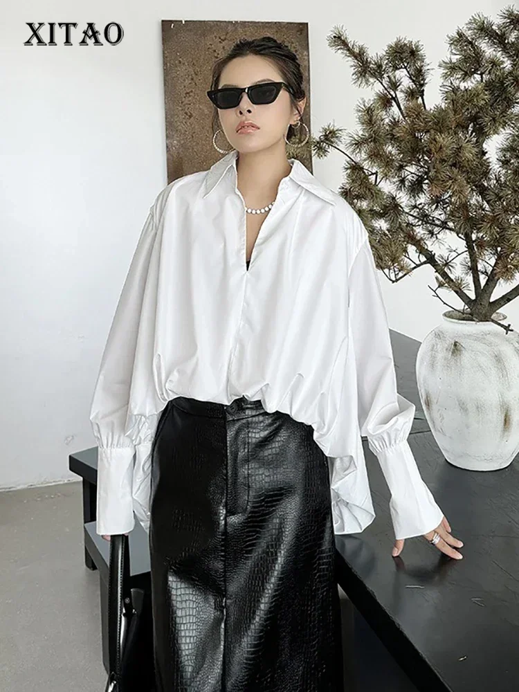 

XITAO Asymmetrical V-neck Solid Color Women Blouse Long Sleeve Pullover Fashion Loose Temperament Top 2024 Autumn Fashion ZY8897