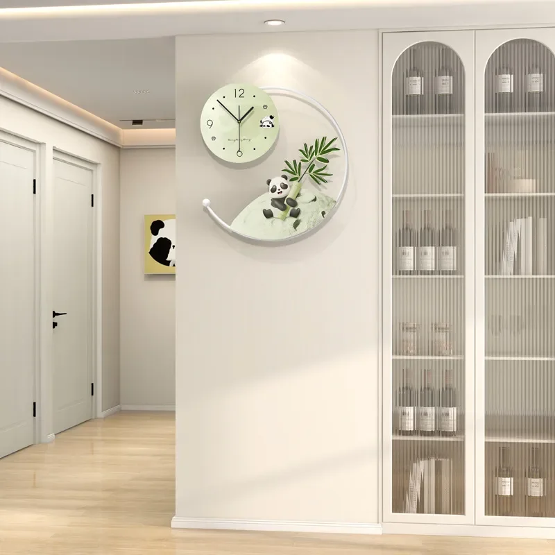 for Creative Cream Wind Panda Wall Clock Silent Wall Hanging Clock for Living Room Entrance Household Premium Decoration