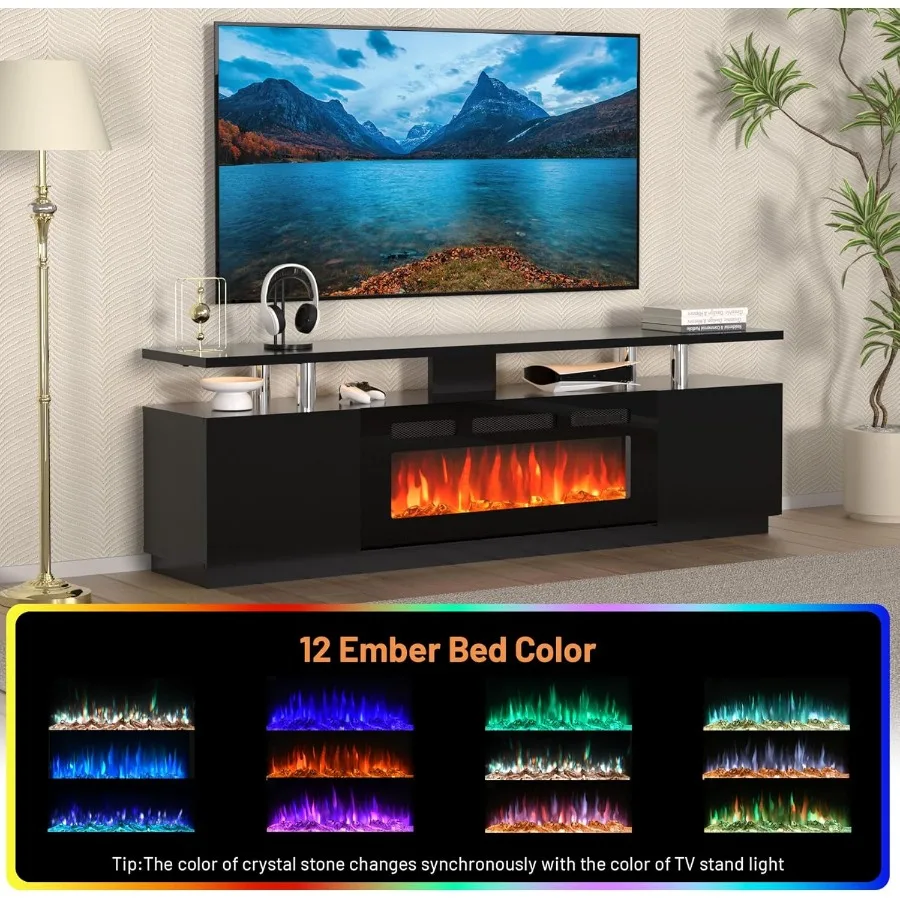 70인치 벽난로 TV 스탠드 엔터테인먼트 센터, 36인치 전기 벽난로 히터, LED 조명 및 12가지 불꽃 색상 DualTi 포함