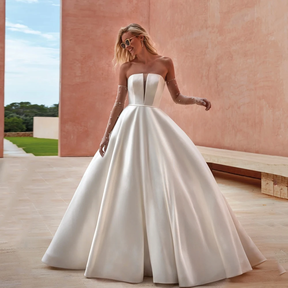 

Elegant A-Line Wedding Dresses with Gloves Strapless Neck Bridal Gowns Back Button Floor Length Satin Vestidos De Novia 2024