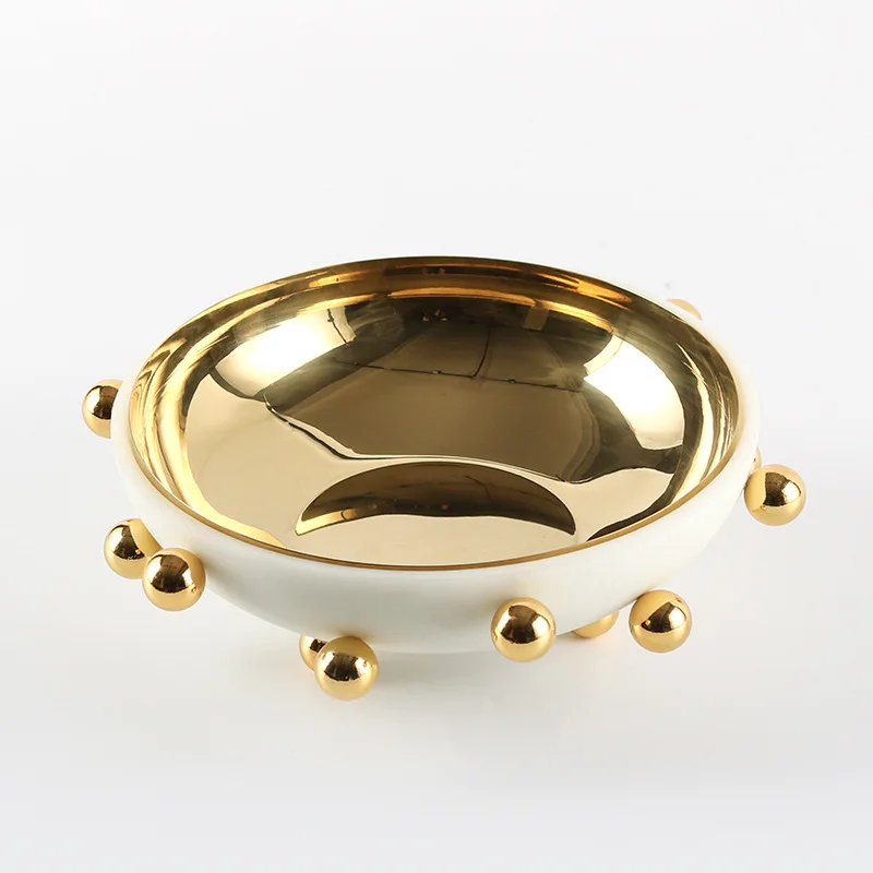 Golden Bead Fruit Bowl Geometric Sphere Abstract Tray Round Bowl Desktop Storage Container Home Decoration Accessories