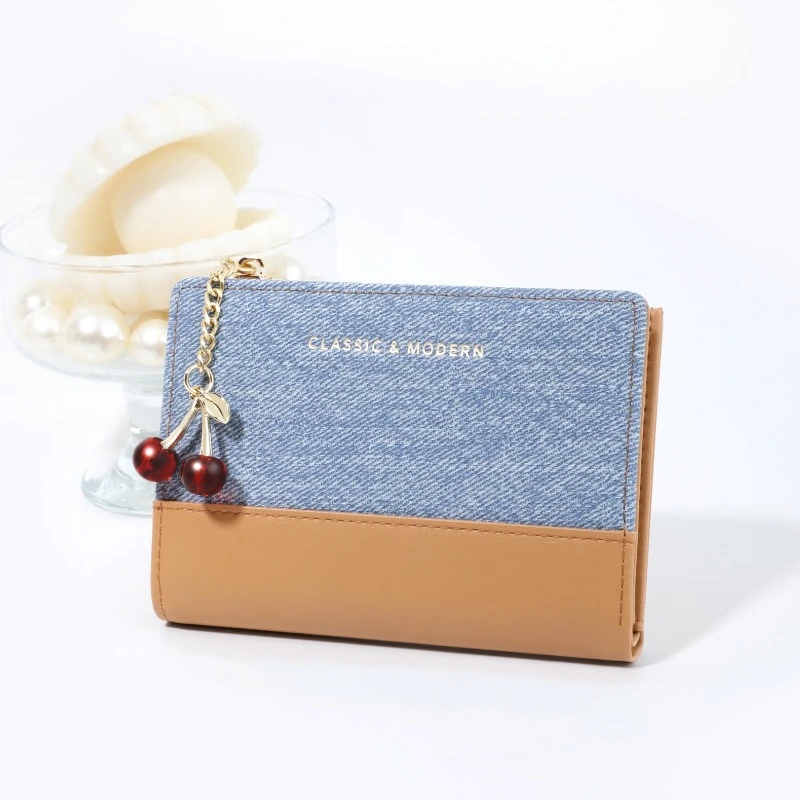 New Women’s Short Wallet with Instagram-Style Cherry Pendant, Zippered Color-Block Design and Attractive Coin Purse