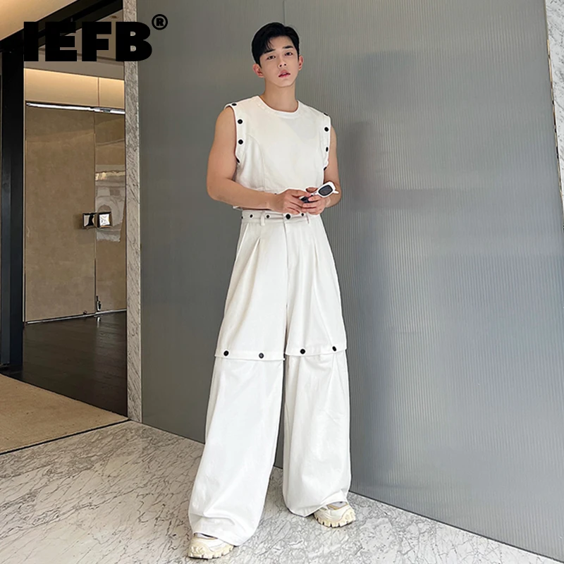 IEFB High Street Men's Two Piece Rivet Decorate Vests Trendy Detachable Wide Leg Set Sleeveless Tank Top Casual Shorts 9C610