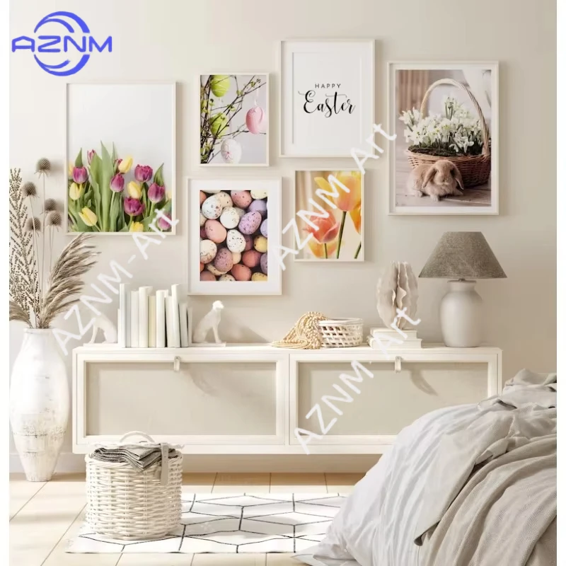 1 Stück Oster-Wandkunst Boho Hase und Blumen Dekoratives Poster Moderne Galerie-Wanddekoration Wohnzimmer Dekorative Leinwandmalerei