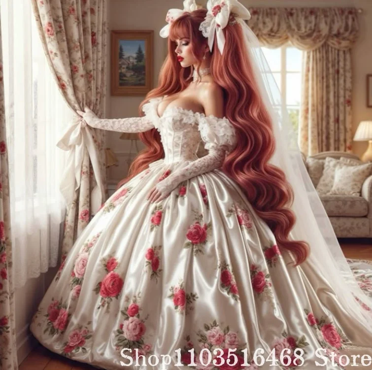 Customised Victorian Wedding Dresses Floral Print Embroidery Lace Lace Bodice Puffy Skirt Bridal Gowns Special Wedding