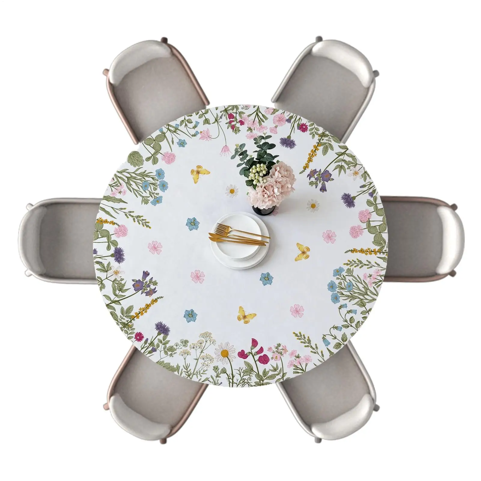 Floral Round Tablecloth 47 Inch Elastic Tablecloth Spring Dining Table Cloth For Homeowners Parents Renters Restaurant Coffee