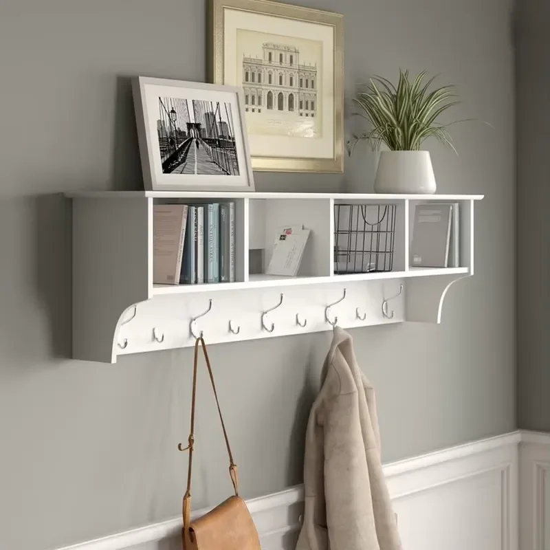 Custom MDF Floating Wall Shelf with Hooks for Living Room Decor Wooden Hanging Storage Rack Modern Home Organization Display