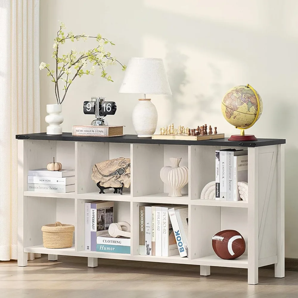 8 cubic bookshelf, 62 inch horizontal antique white and black console bookshelf, suitable for gaming rooms and offices