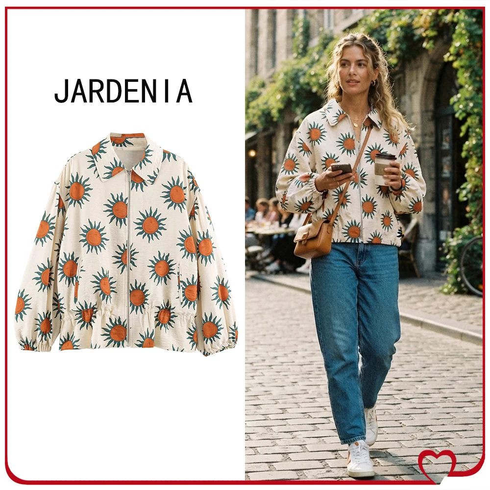 Stylish Women's Printed Bomber Jackets with Elastic Drawstring Hem New in Lapel Collar Zippered Jackets with Double Welt Pockets