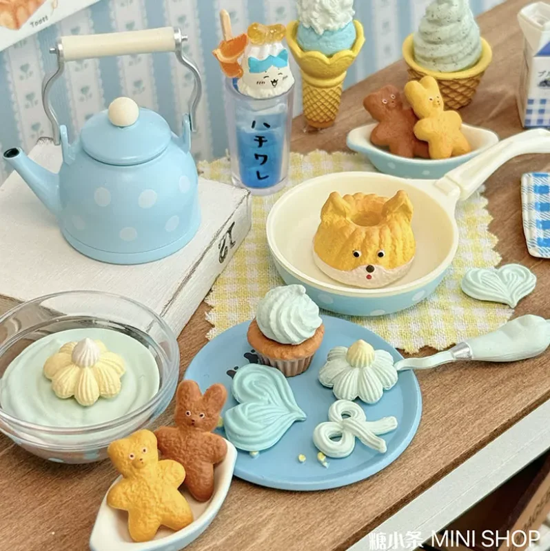 1:12 Miniature Bakery Set: Tiny Bear & Bunny Bread, Lamb Cake, Blue Polka Pot with Jelly & Toast for Dollhouse Photography Props