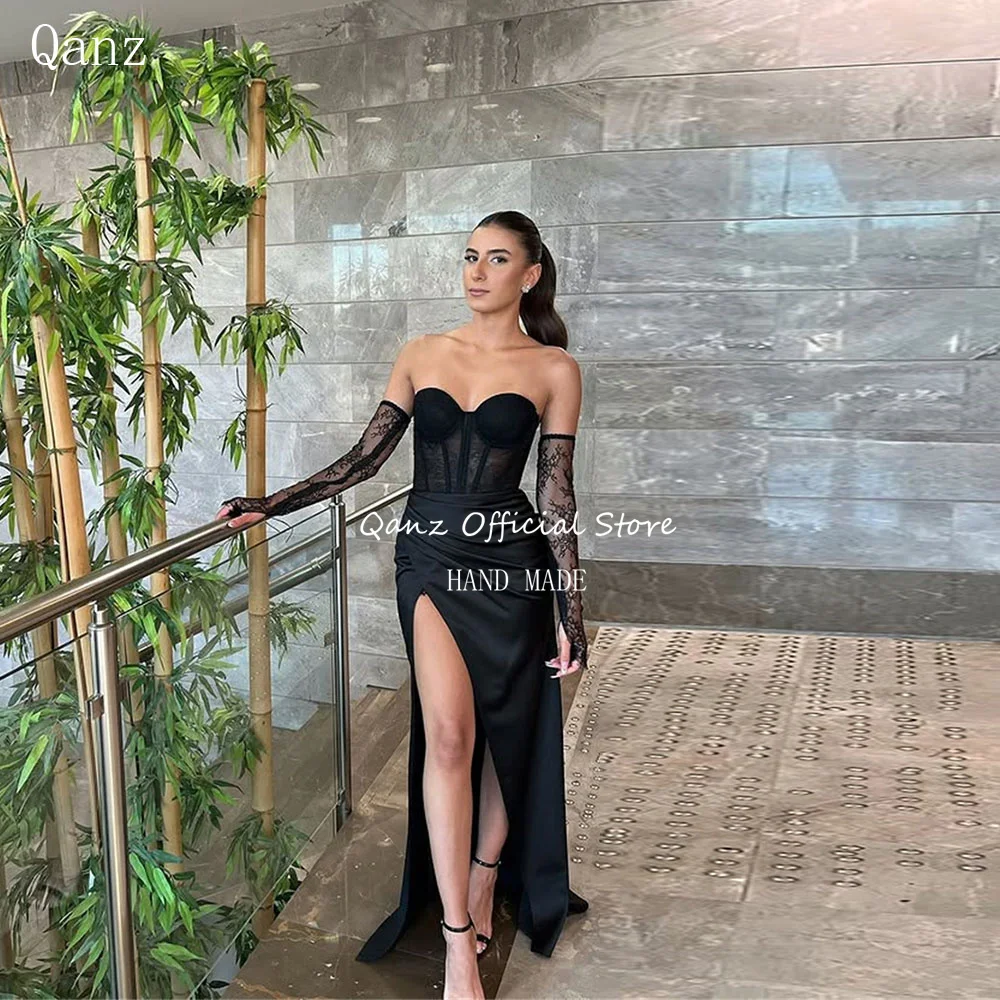 

Qanz Sexy High Slit Prom Dresses Black Satin Sweetheart Party Dresses Detachable Sleeves Lace Up Back Robe Soirée Customized