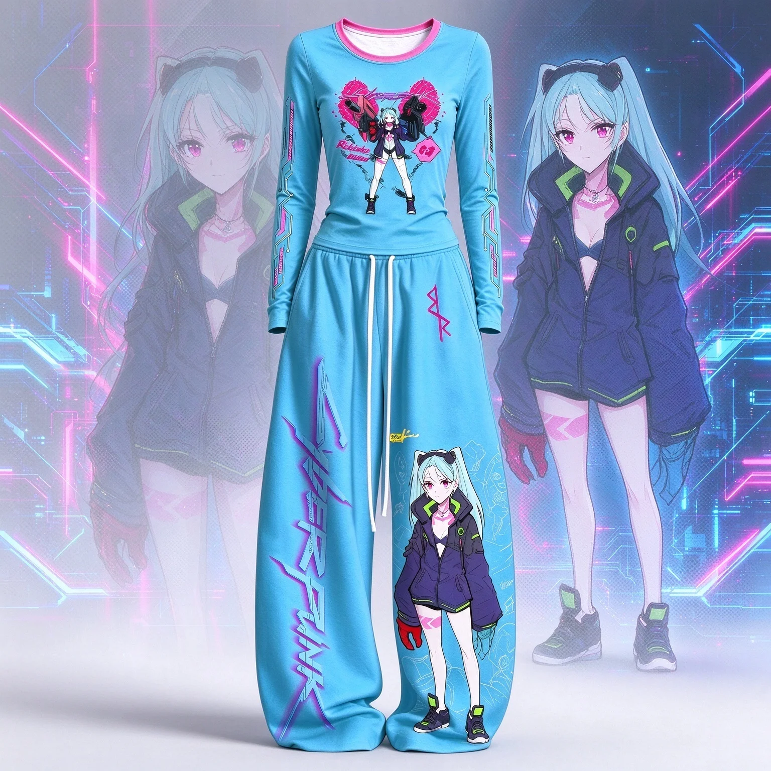 Cyberpunk Edge Walker Anime Character Print Two Piece Set Long Sleeve T-shirt Wide Leg Pants Men's and Women's Street Casual Set