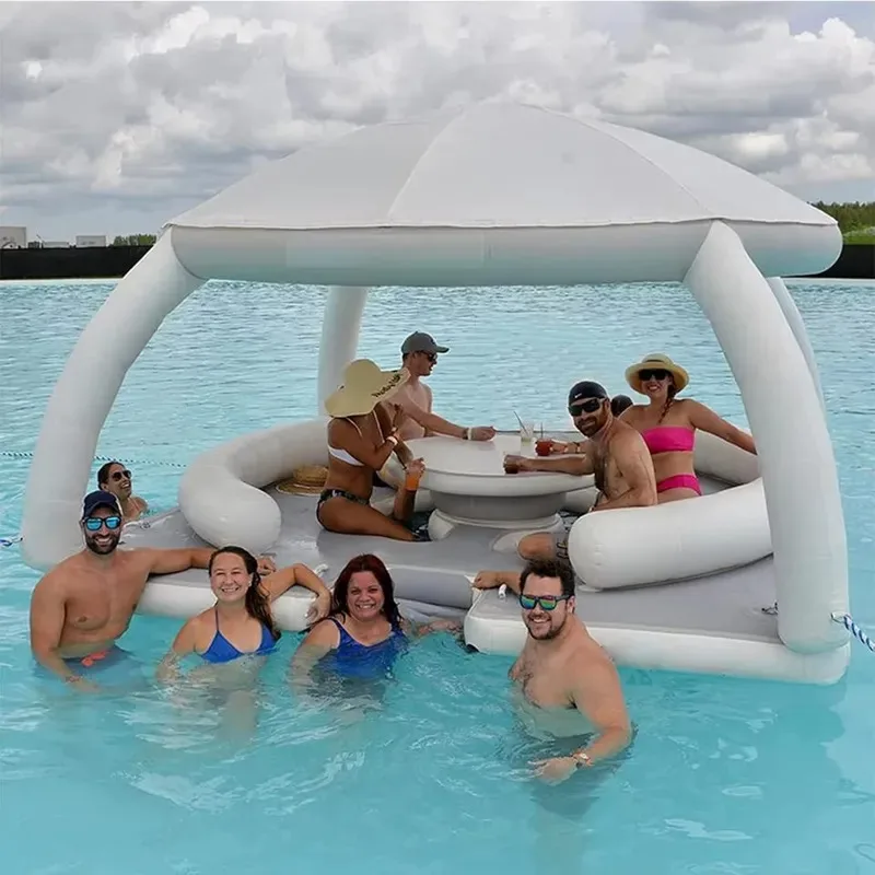 Inflatable Floating Island Platform Bar Pier with Adult Tent Water Games