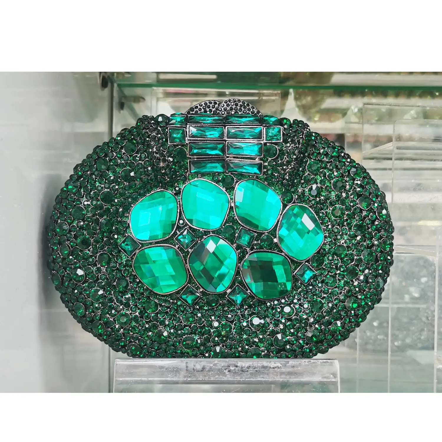 Newest Green Purse Oval Box Metal Crystal Diamond Evening Bags for Luxury Bridal Packing Day Clutches Handbags sm261