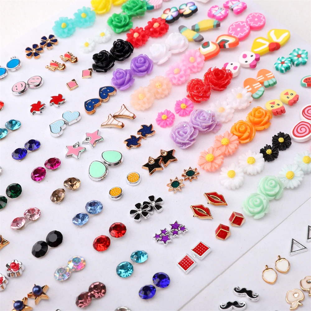 12-100Pairs Trendy Mixed Style Earrings Acrylic Colorful Flower Rhinestone Metal Stud Earrings Set For Women Girls Jewelry Gifts