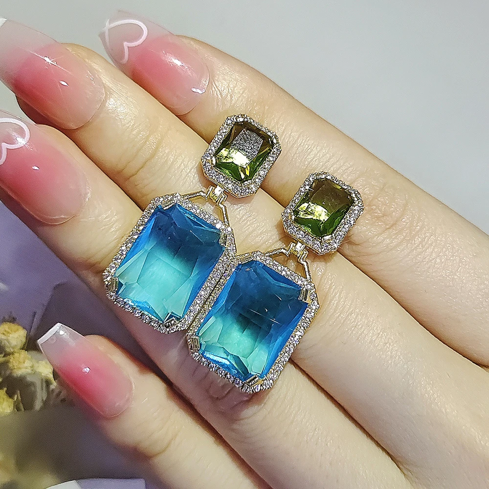 2024 New Fashion Luxury Blue Color Square Pendant Earrings for Women Party Gift Jewelry E7968