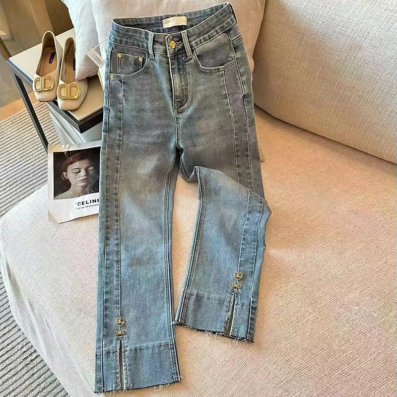 Fashion Women Flare Split Jeans High Waist Straight Denim Trouser Baggy Pockets Streetwear Spring Summer All-match Cropped Pants