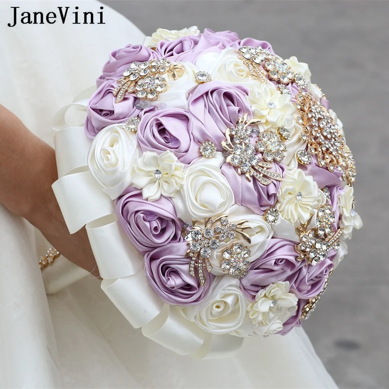 

JaneVini Elegant Purple Ivory Wedding Bouquet Luxury Crystal Rhinestone Satin Rose Bridal Fake Hand Flowers Ramo Novia