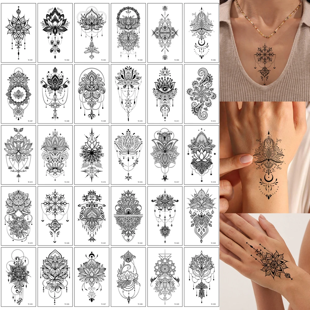 30pcs Black Temporary Tattoo Stickers Flower Lotus Butterfly Feather Designs Waterproof Fake Tattoos For Women Wrist Body Art