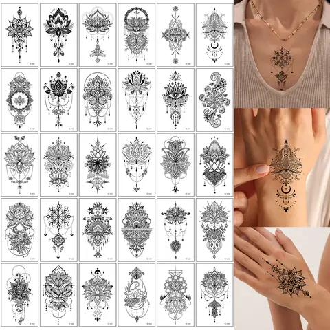 30 szt. Czarne Tymczasowe Tatuaże Naklejki Kwiat Lotos Motyl Pióro Wzory Wodoodporne Fałszywe Tatuaże Dla Kobiet Nadgarstek Body Art