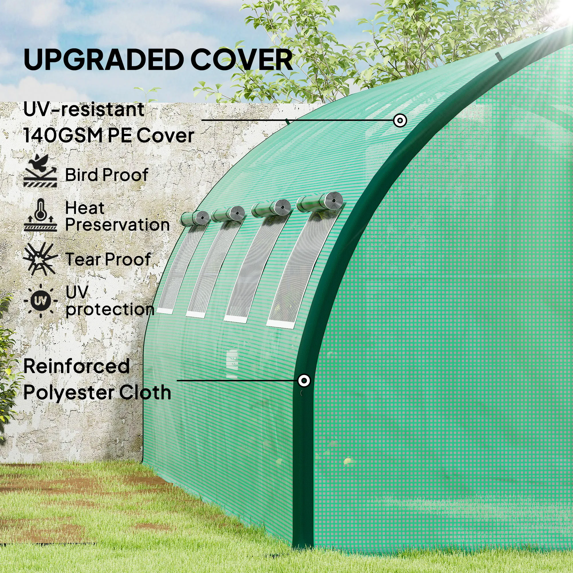 6 X 3(m) Upgraded Polytunnel Greenhouse with 2 Hinged Doors & 8 Windows, Green