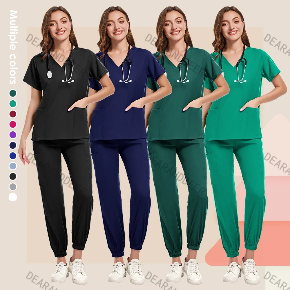 

Medical uniform elastic scrub suit hospital doctor clinical surgery set nurse care dental clinic beauty salon work clothes,