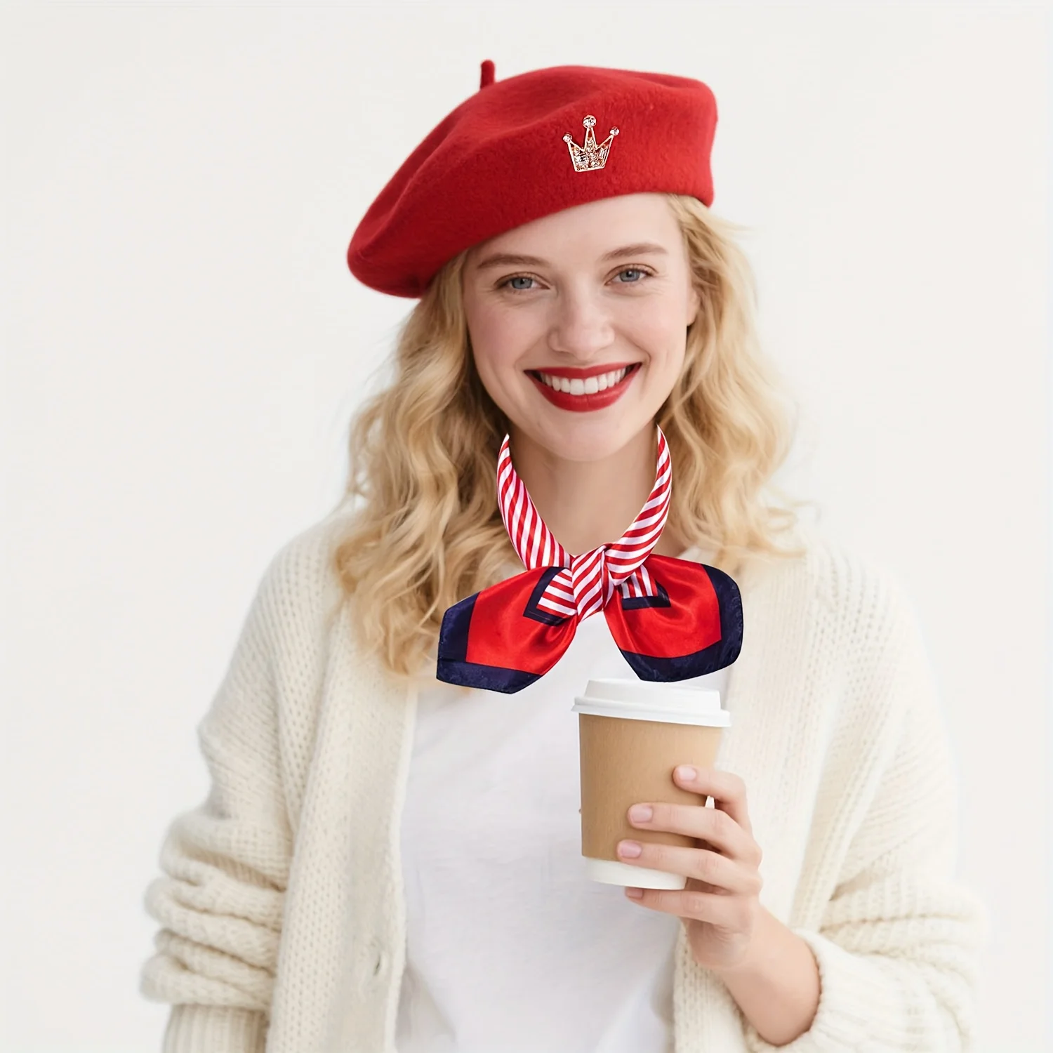 3pcs Beret & Scarf Accessories Suitable for Women's French Retro Beret Hat with Square Scarf Crown Pin-Elegant for Theme Parties