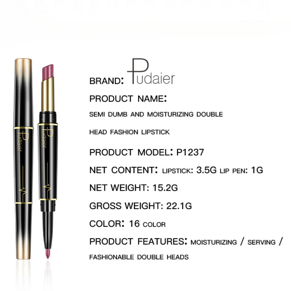 Pudaier 16 Color 2 In 1 Double Head Matte Lipstick Lipliner Makeup Waterproof Lasting Sexy Fashion Lips stick Lip liner Make up