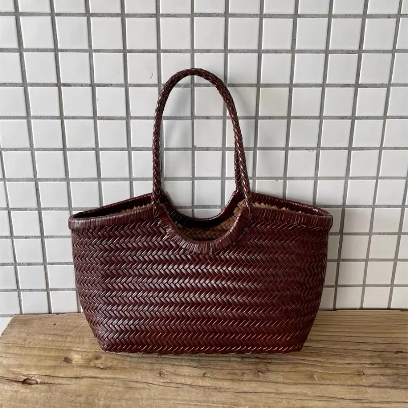 

Genuine Leather Handwoven Tote Bag Large Capacity Drawstring Closure Shoulder Bag Fashion Luxury Design Vegetable Basket Handbag