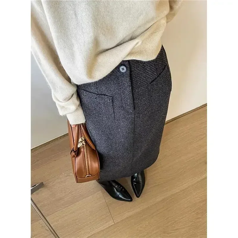 Nomikuma Thickened Woolen Skirt for Women's Autumn Winter New High Waist Slimming A-line Back Split Long Skirts Mujer Faldas