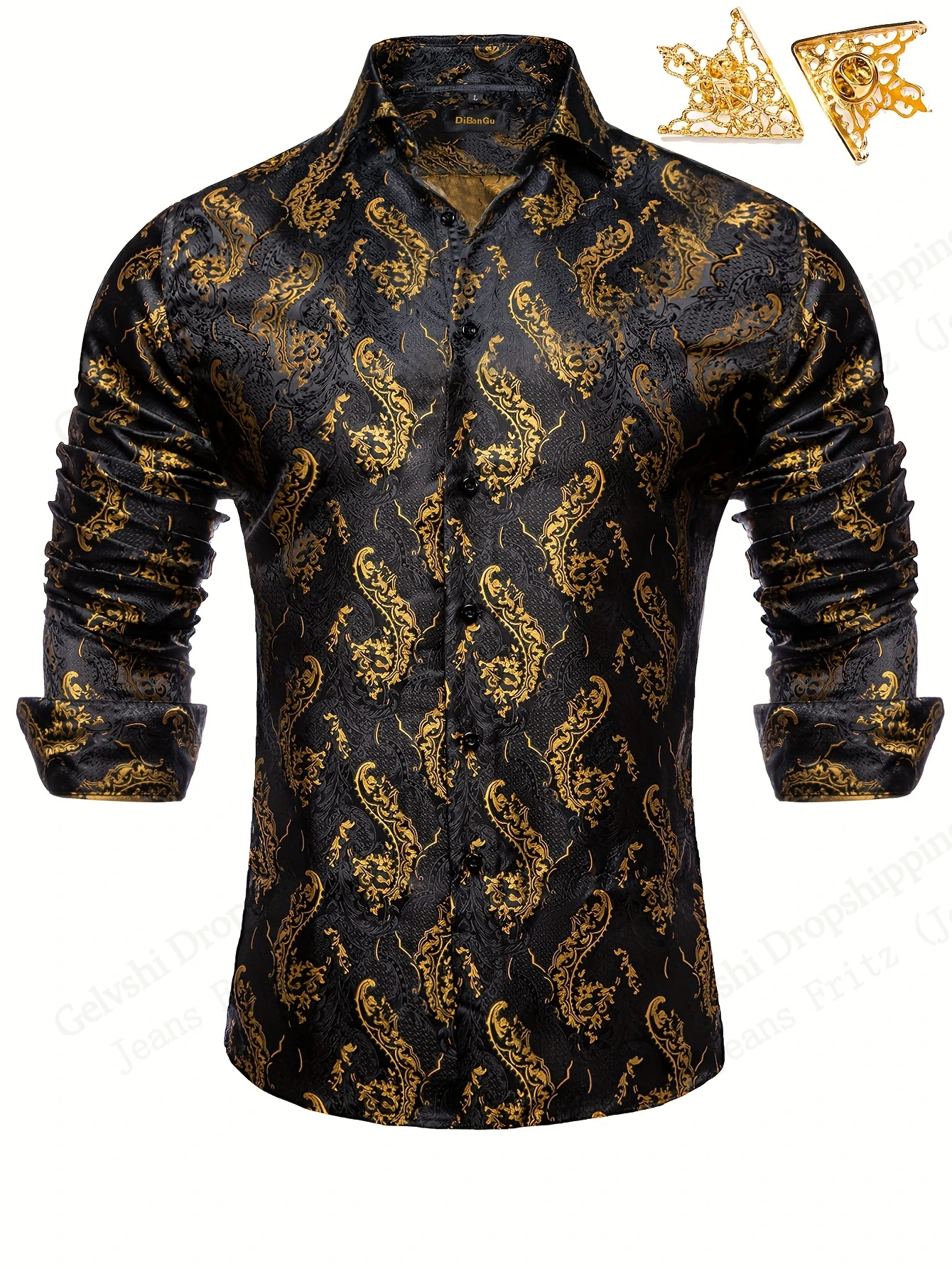 

Mens Golden Paisley Long Sleeve Shirt Europe America Floral Style 3D Print Shirt Men Women Fashion Hawaiian Shirt Elegant Blouse