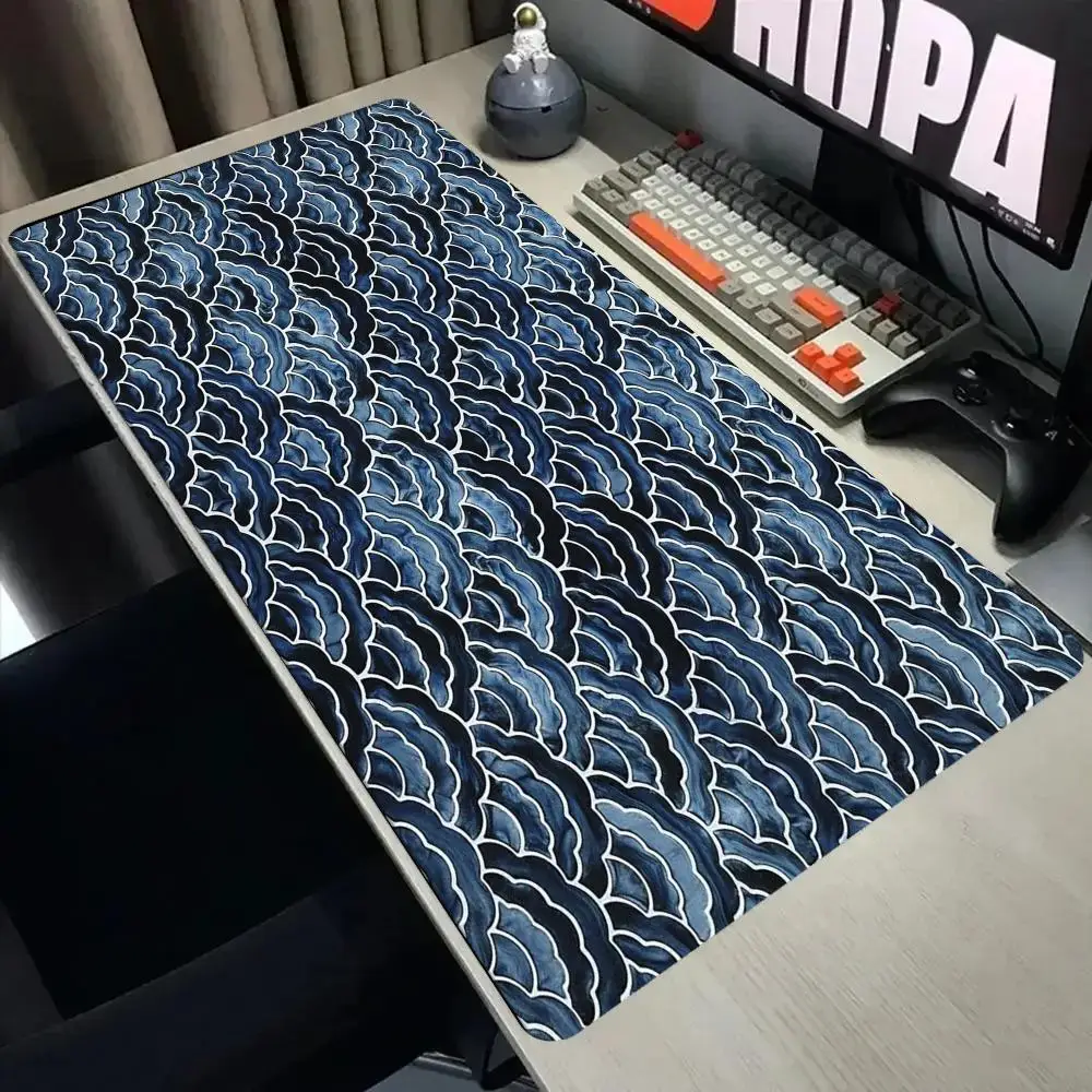 Japanese Blue Wave Texture Large Gaming Mouse Pad Non Slip Ukiyo-e Ocean Wave Retro Oriental Desk Mat PC Laptop Office Mousepads