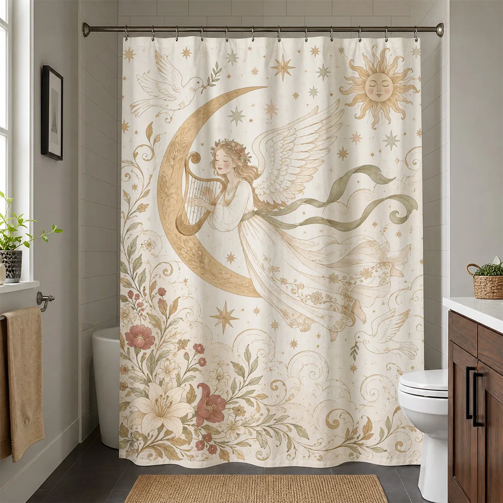 Bohemian Goddess Moon Angel Floral Shower Curtain Bathroom Decor Tapestry Watercolor Art