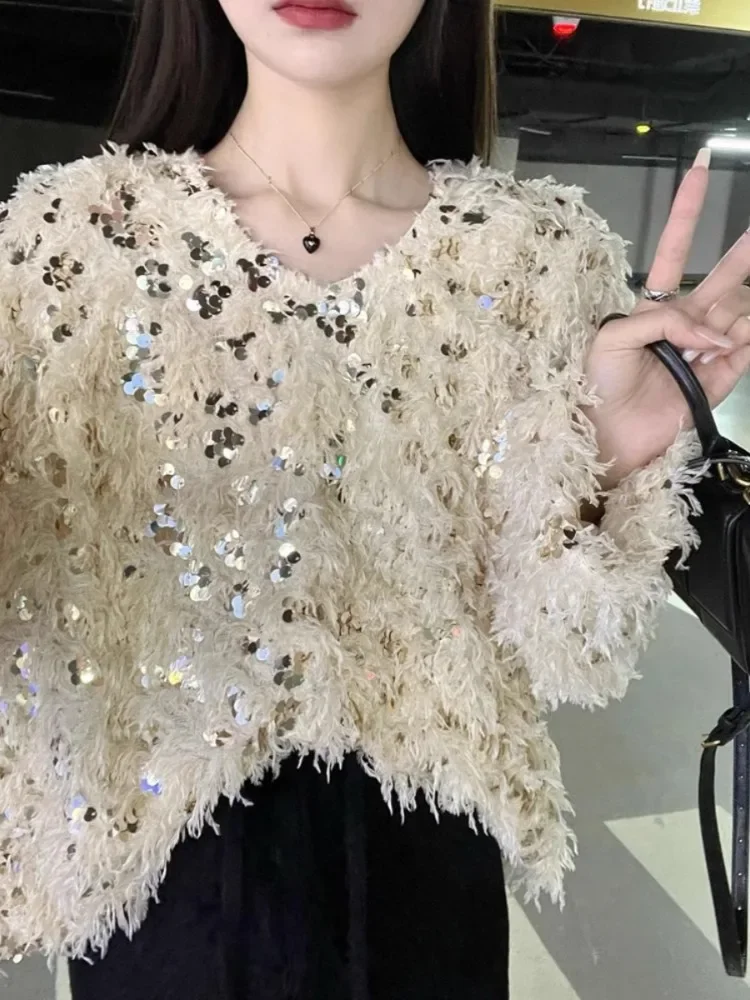 

Oversize O-neck Loose Sweaters Mujer Autumn Winter New Long Sleeve Tops Women Vintage Feather Sequin Knitted Pullovers