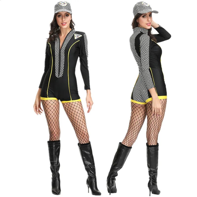 

Women Black Sexy Plaid Super Race Car Driver Costume Halloween Cosplay Racer Racing Girl Long Sleeves Jumpsuit Uniform With Hat